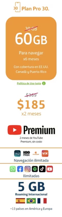 Plan Pro 30 (60 GB) por $185 en Movistar