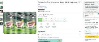 Canada Dry Ginger Ale 6x237ml por $38 | Amazon