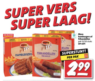 Mora frikandellen 20 stuks of 12 Mora hamburgers voor €2,99 bij Nettorama