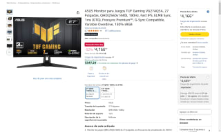 ASUS Monitor 27" QHD 180Hz por $4,166 | Oferta Amazon