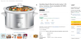 Hamilton Beach Olla de Cocción Lenta 3.78 litros (33140V) por $499 en Amazon