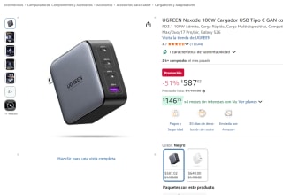 UGREEN Nexode 100W Cargador USB Tipo C por $587 en Amazon