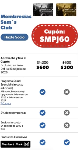 Cupón Sam's Club: 50% de Rebaja en Membresías