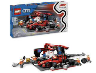 LEGO City parada en boxes de F1 y equipo de mecánicos con coche Ferrari de juguete