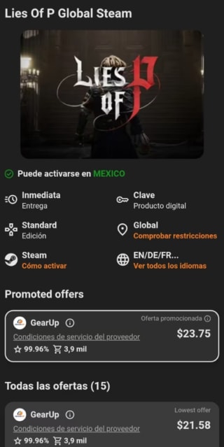 Lies Of P (Steam) por $417 | Oferta Gamivo