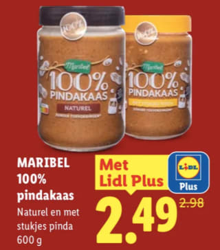 Maribel 100% pindakaas (600 g) voor €2,49 bij Lidl