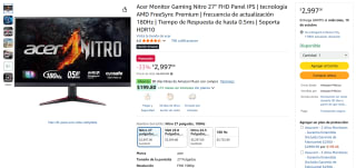 Monitor Acer Gaming Nitro 27" 180Hz en $2,997 | Oferta Amazon