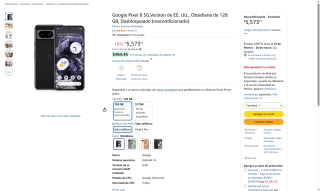 Google Pixel 8 128GB Obsidiana reacondicionado por $5,574 | Amazon