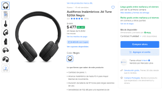 Audífonos inalámbricos JBL Tune 520BT por $453 en Mercado Libre