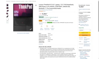 ThinkPad X13 G1 Ryzen5 6/32GB 256GB (Reacondicionada) por $6,340 | Amazon