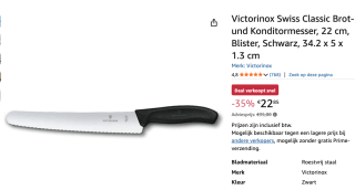 Victorinox Zwitserse Broodmes - 22 cm, voor €22,85 bij Amazon