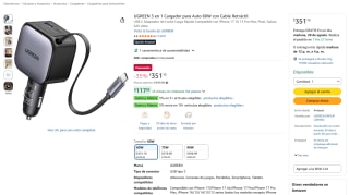 UGREEN 3 en 1 Cargador para Auto 60W con Cable Retráctil por $351 en Amazon