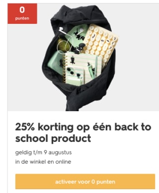 25% korting op één back to school product bij de hema voor 0 punten