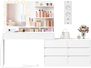 VASAGLE Kailyn Colección Tocador con Espejo LED y Regleta, 9 Bombillas por 118.39€