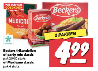 2 pakken Beckers frikandellen (20) of Party Mix / Mexicanano voor €4,99 bij Nettorama