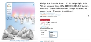 4-Pack Philips Hue Essential GU10 - slimme spot - 345 lm - 4,7 W voor €47,99