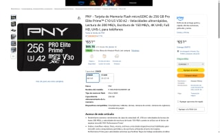 PNY microSDXC 256GB C10 U3 V30 A2 por $652 | Amazon