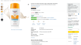 Eucerin Sun Hydro Fluid Ultra Ligero (50 ml) por $206 en Amazon