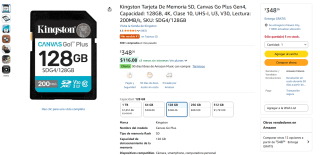 Tarjeta SD Kingston Canvas Go Plus 128GB Gen4 por $348 | Amazon