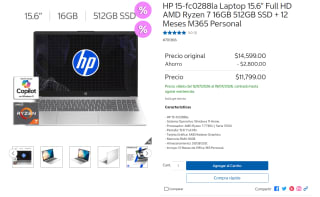 Laptop HP 15-fc0288la Ryzen 7 16GB 512GB por $10,799 | Costco (PayPal)