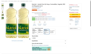 Nutrioli Aceite Puro de Soya 850ml x2 por $75 | Amazon