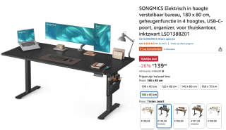 SONGMICS Elektrisch in hoogte verstelbaar bureau, 180 x 80 cm voor €139,99 bij Amazon