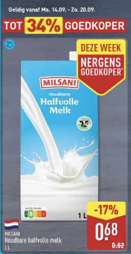 Houdbare halfvolle melk 1L voor €0,68 bij Aldi