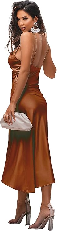 Women's Satin Spaghetti Straps Cowl Neck Midi Dress for £0.50