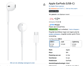 Apple EarPods USB-C voor €17,99 bij Amazon