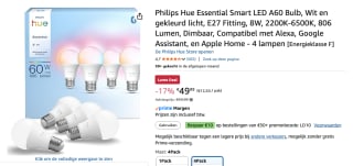 Philips Hue Essential Slimme A60 lamp, Wit en gekleurd licht, 4-pack voor €49,99