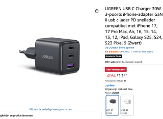 UGREEN USB C-oplader, 30 W 3-poorts GaN II voor €11,97 bij Amazon