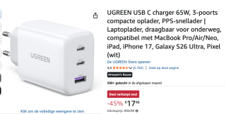 UGREEN USB C oplader 65W voor €17,98 bij Amazon
