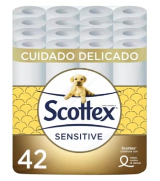 Scottex Papel Higiénico Sensitive 42 rollos 3 capas toque leche almendras por 12.70€