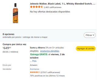 Johnnie Walker Black Label, 1 L por $649 en Amazon