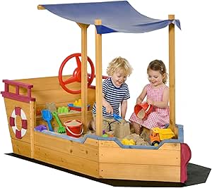 Outsunny Sand Pit, Kids Wooden Sandbox Pirate Ship with Canopy Shade, Storage Bench a