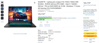 Laptop GIGABYTE A16 i7 16GB 1TB RTX 5060 por $21,638 | Oferta Amazon