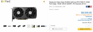 Tarjeta Zotac RTX 5060 Ti 16GB Twin Edge 16GB por $8,939 | CyberPuerta