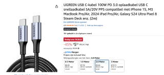 UGREEN USB C-kabel 100W PD 3.0 - 2 meter voor €6,63 bij Amazon voor €5,52 bij Amazon