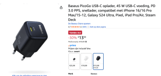 Baseus PicoGo GaN 45W Compacte Fast Charger USB-C Z voor €13,99 bij Amazon