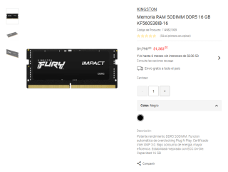 Memoria RAM Kingston 16GB DDR5 por $1,383 | Liverpool