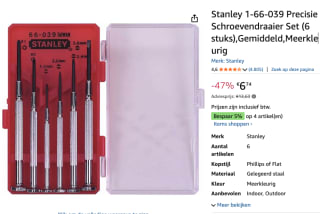 Stanley 6-delig Horlogemakers Schroevendraaierset voor €6,74 bij Amazon