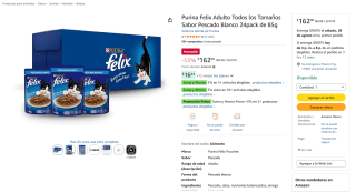 Purina Felix Adulto 24pack (85 g) sabor Pescado Blanco por $162 en Amazon