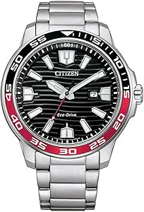 Citizen Eco-Drive Watch, Black and Red Bezel, Stainless Steel Bracelet, Model: AW1527