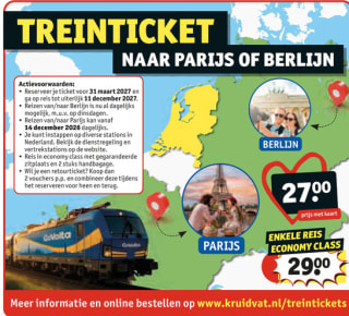 Treinticket naar Parijs of Berlijn voor €27 bij Kruidvat