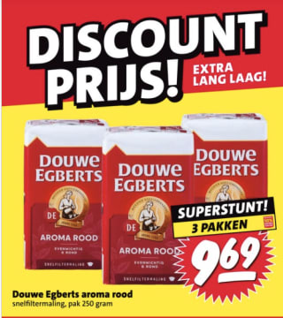 Douwe Egberts Aroma Rood snelfiltermaling (3 x 250 g) voor €9,69 bij Nettorama