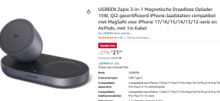 UGREEN Zapix 2-in-1 Magnetische Draadloze Oplader 15W voor €21,99 bij Amazon