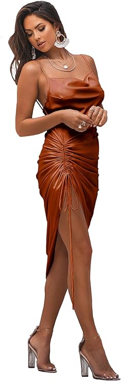 Women's Satin Spaghetti Straps Cowl Neck Midi Dress for £0.50