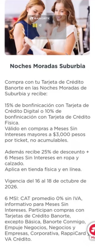 15% de bonificación con Tarjeta Digital Banorte en Suburbia