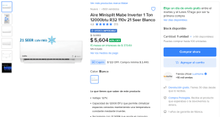 Minisplit Mabe Inverter 1 tonelada por $4,584 en Mercado Libre