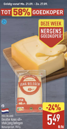 Goudse kaas jong belegen 950 g voor €5,49 bij Aldi